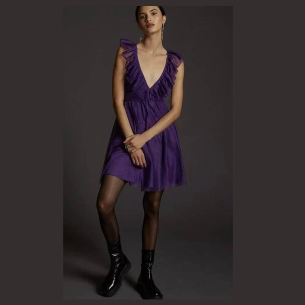 Maeve by Anthropologie Purple Deep V Mesh Mini Dress - Size MP - NWT